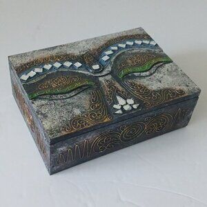 Face of Buddha VTG Wooden Jewelry Box W Mirrors Details 7" x 5" x 2.5" Multy